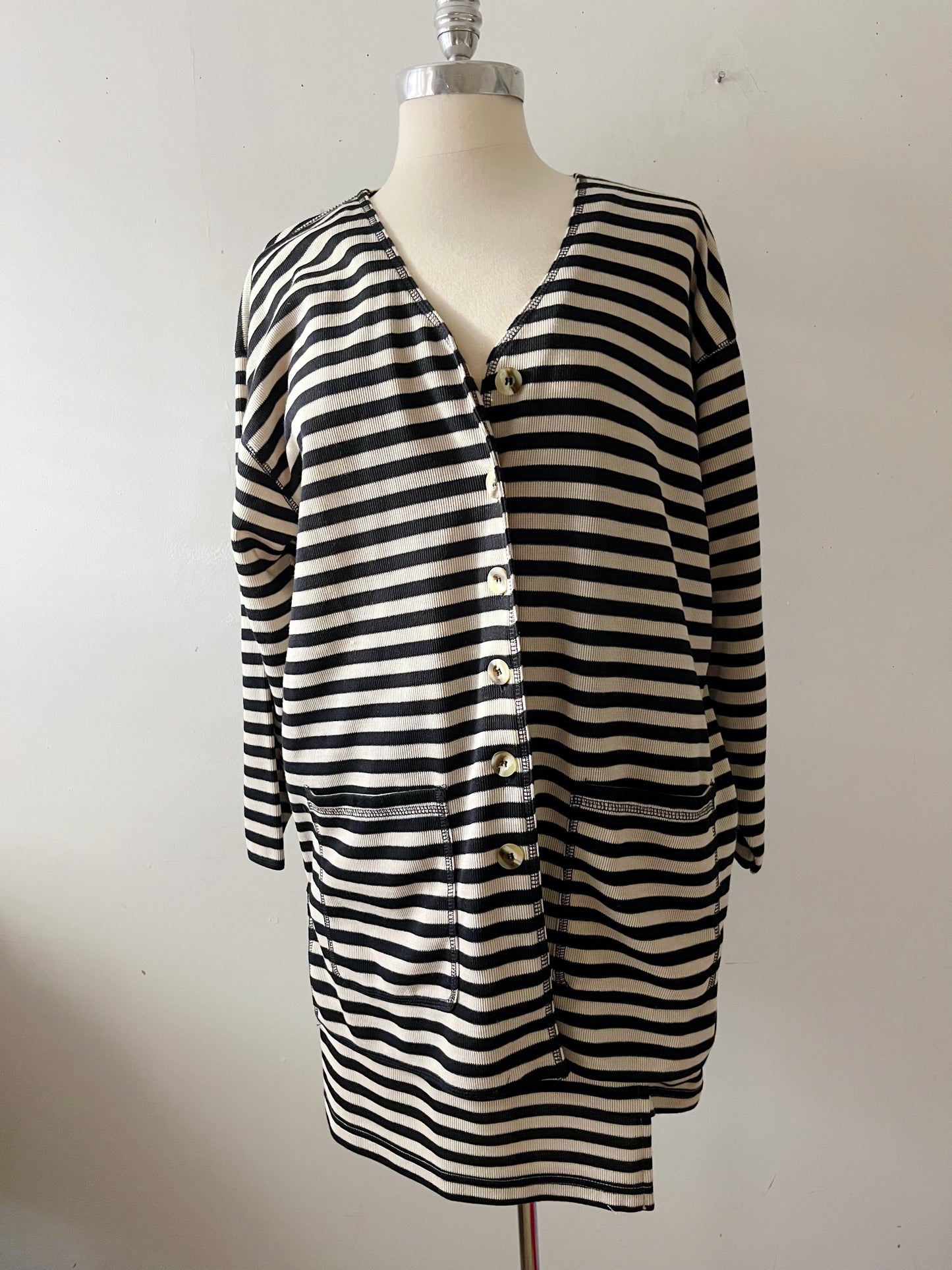 French Girl Striped Knit Cardigan Skirt Knit Set- Light Latte/Black