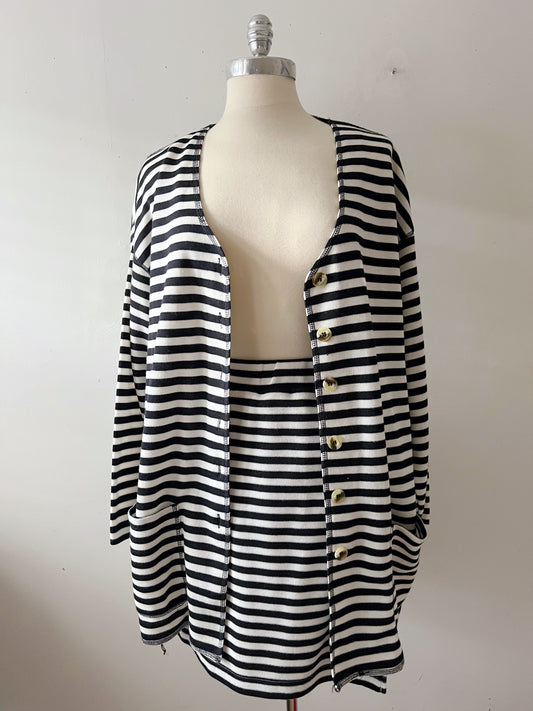 French Girl Striped Knit Cardigan Skirt Knit Set- Cream/Black| M/L