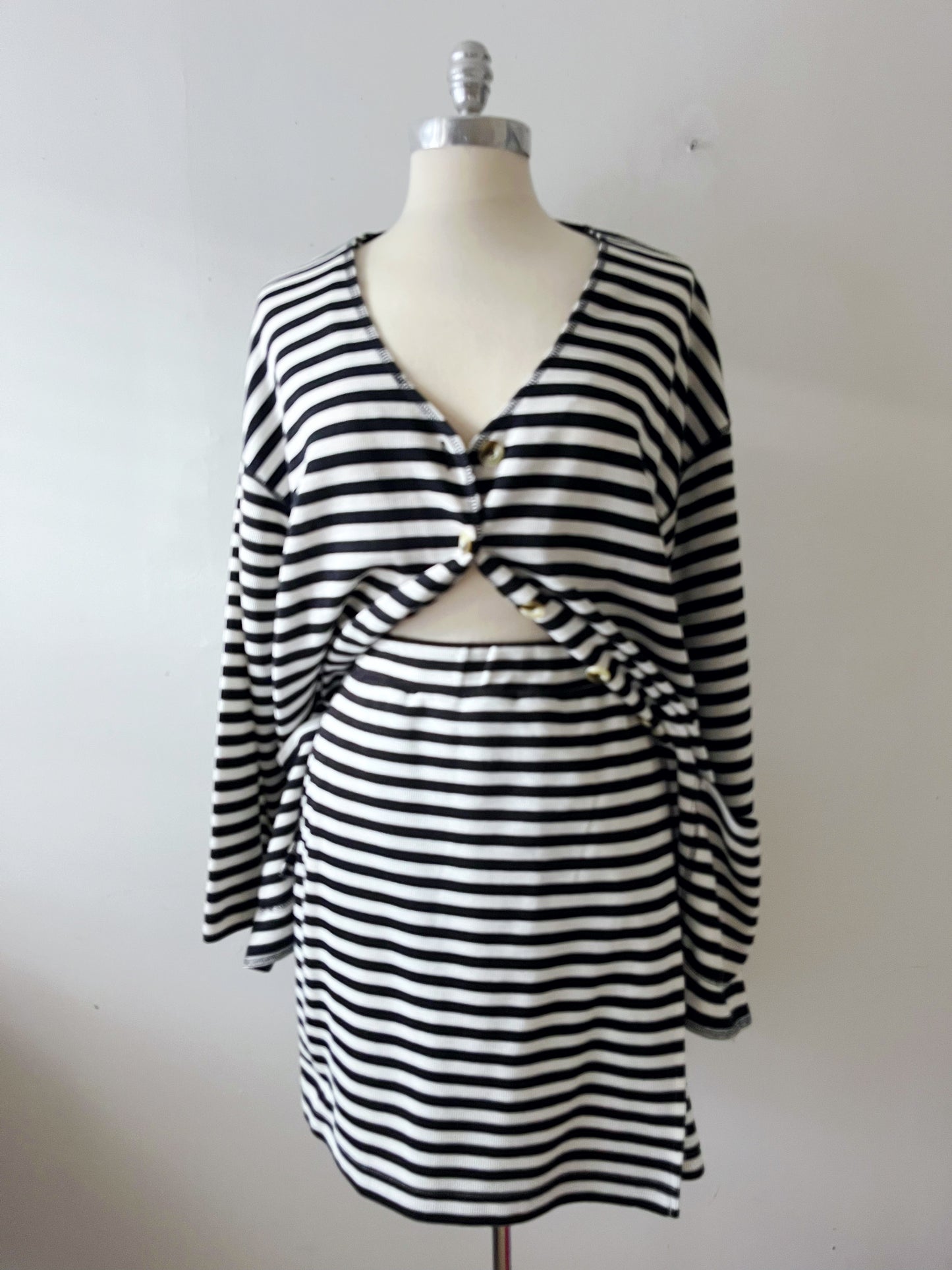 French Girl Striped Knit Cardigan Skirt Knit Set- Cream/Black