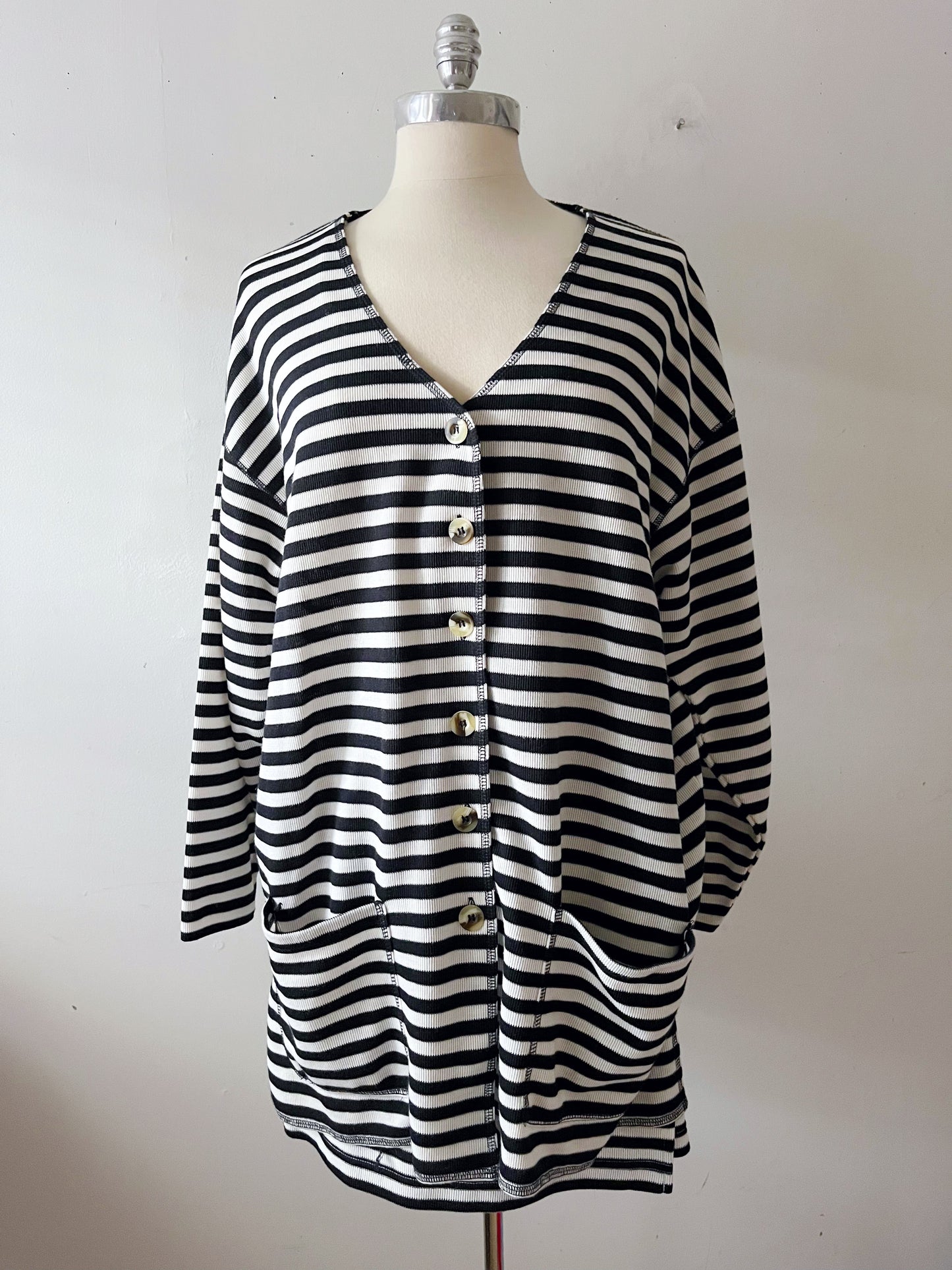 French Girl Striped Knit Cardigan Skirt Knit Set- Cream/Black