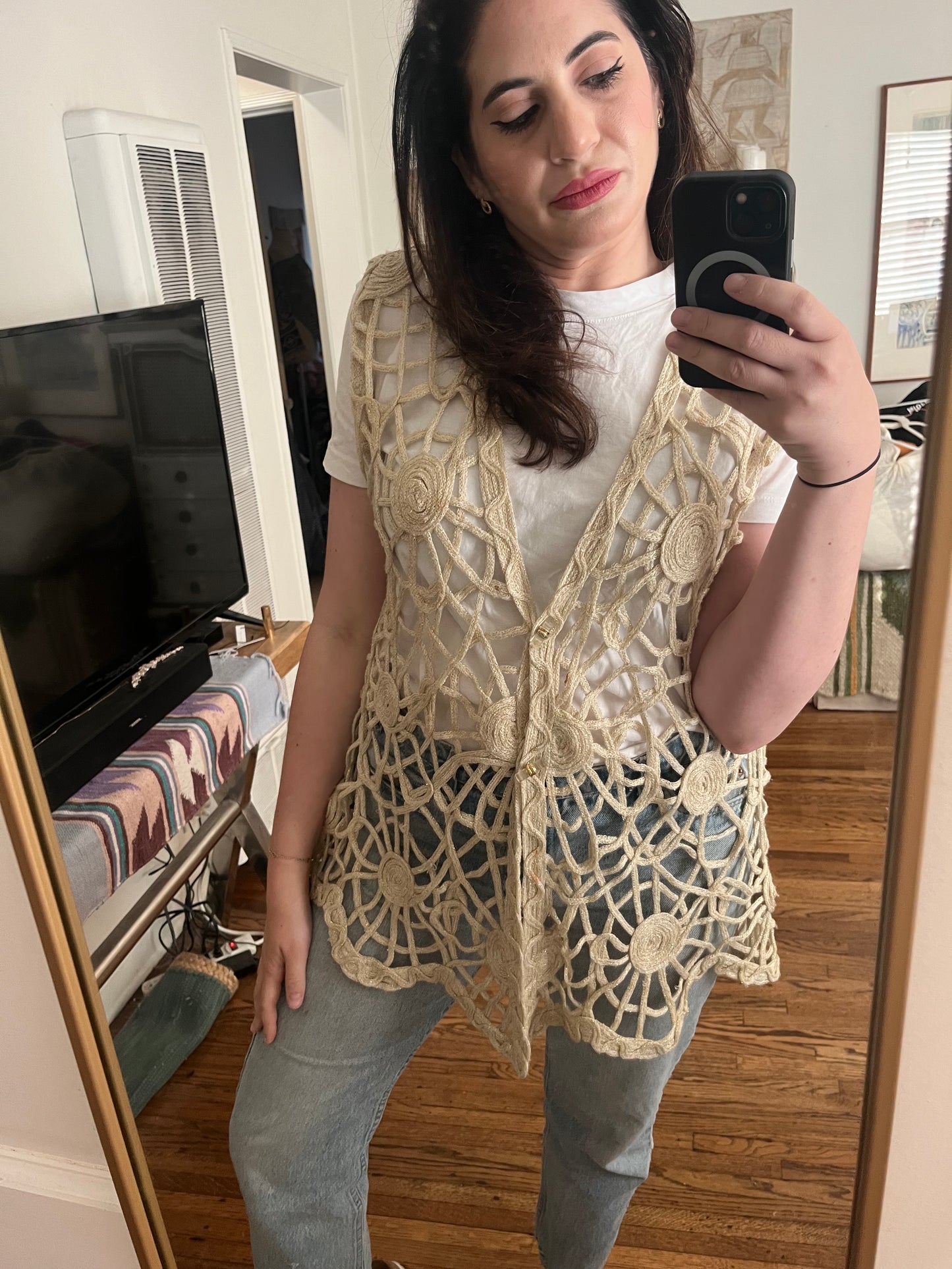 Cream Crochet Gold Metallic Vest
