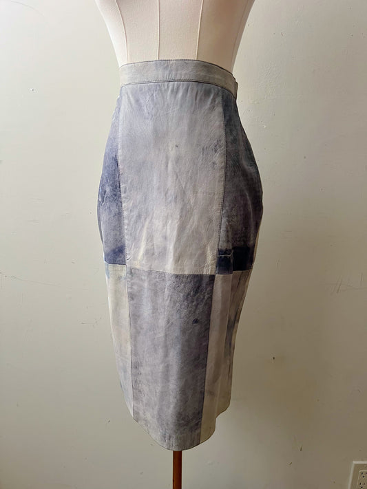 Leather Patched Cool Blue Dyed Skirt| Medium