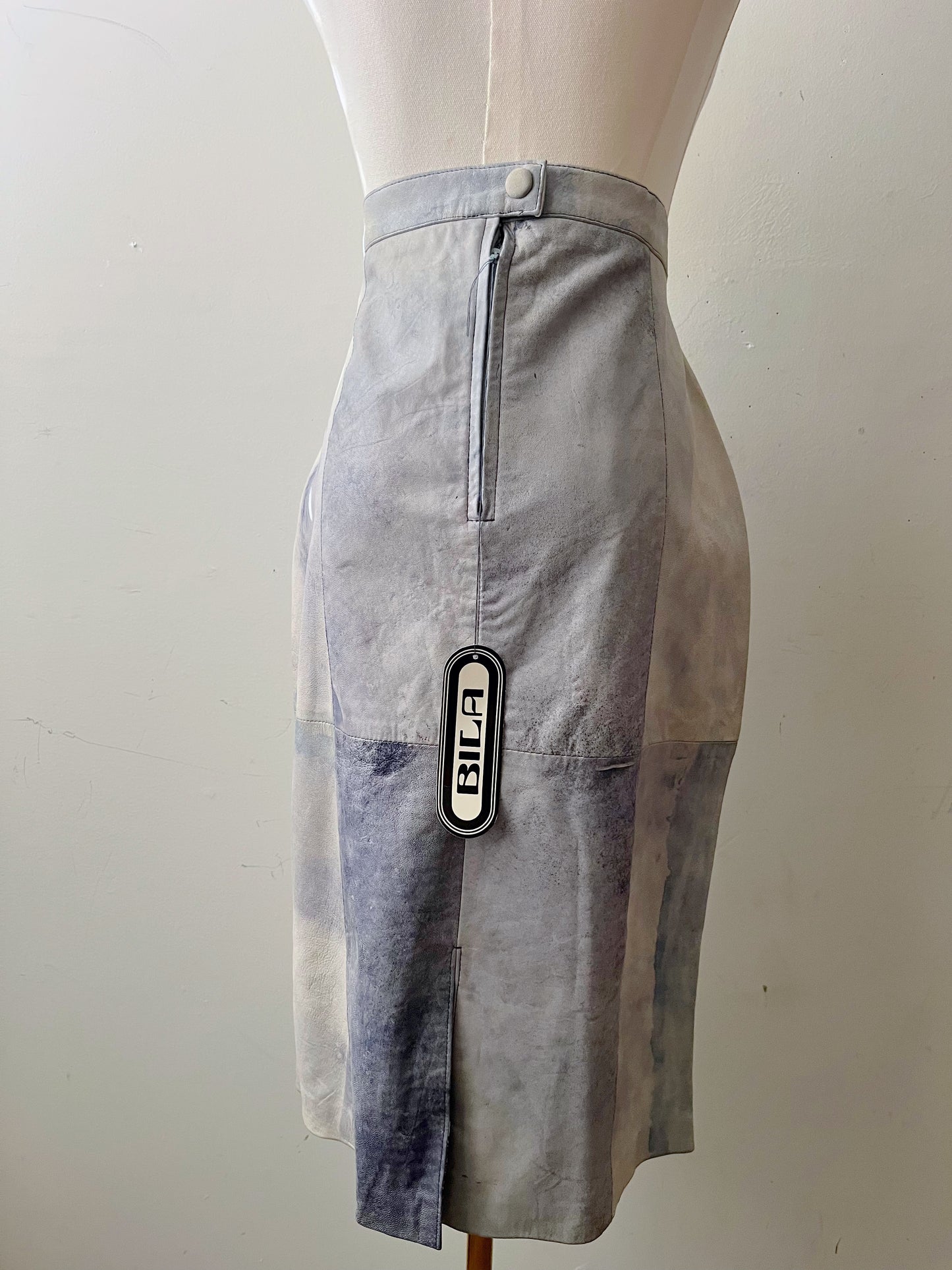 Leather Patched Cool Blue Dyed Skirt| Medium