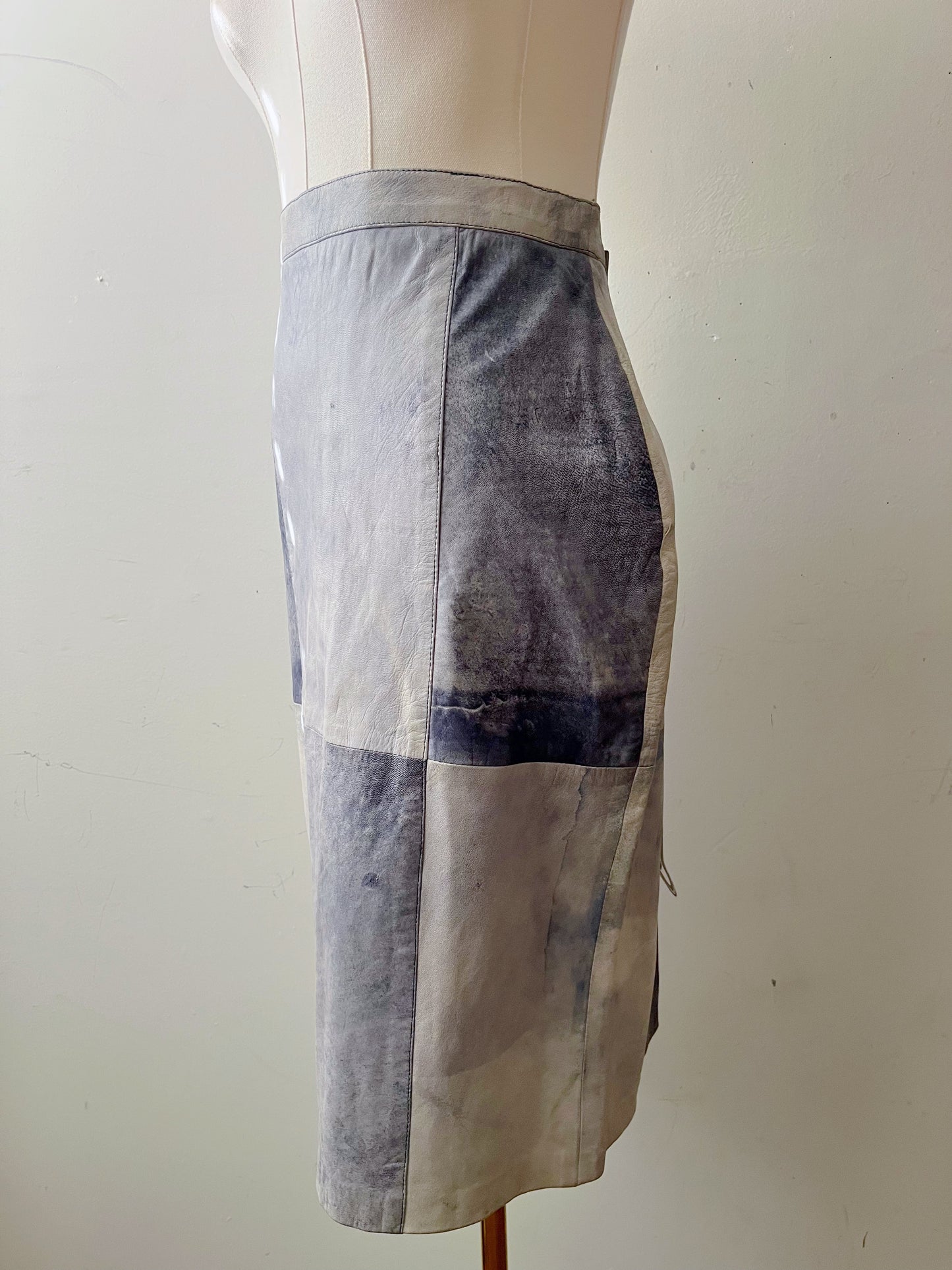 Leather Patched Cool Blue Dyed Skirt| Medium