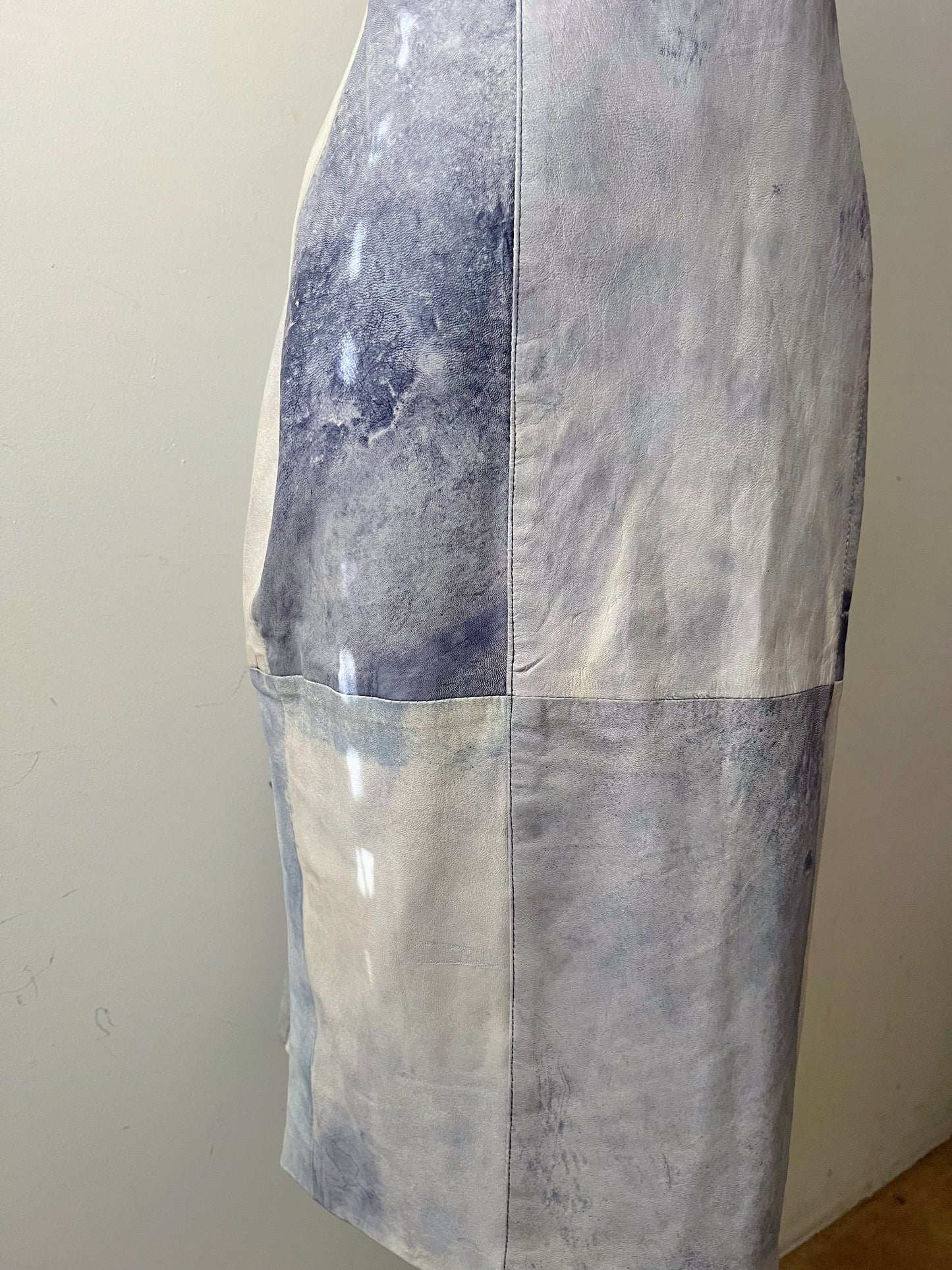 Leather Patched Cool Blue Dyed Skirt| Medium