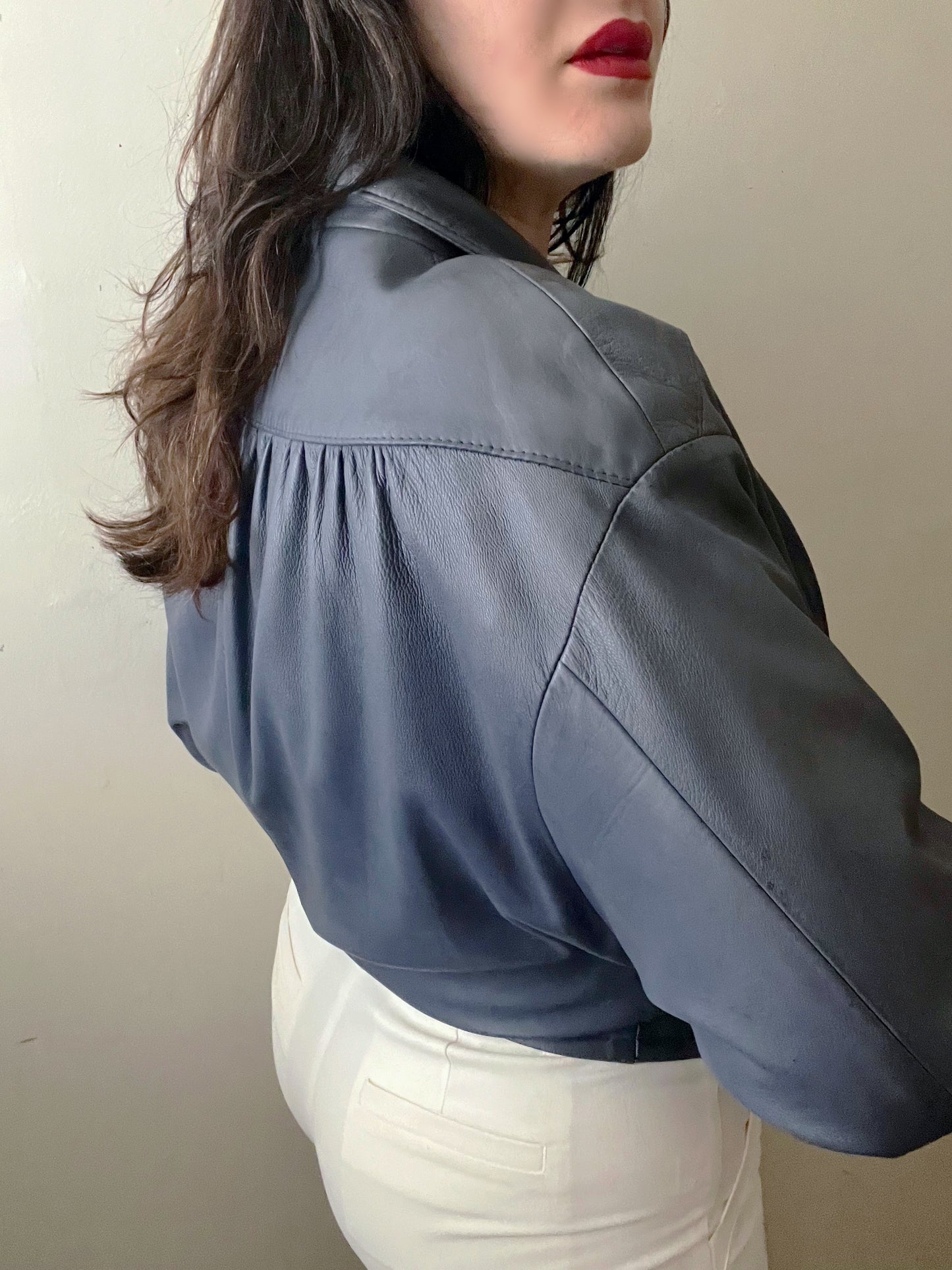 Blue Grey Leather Jacket| Medium