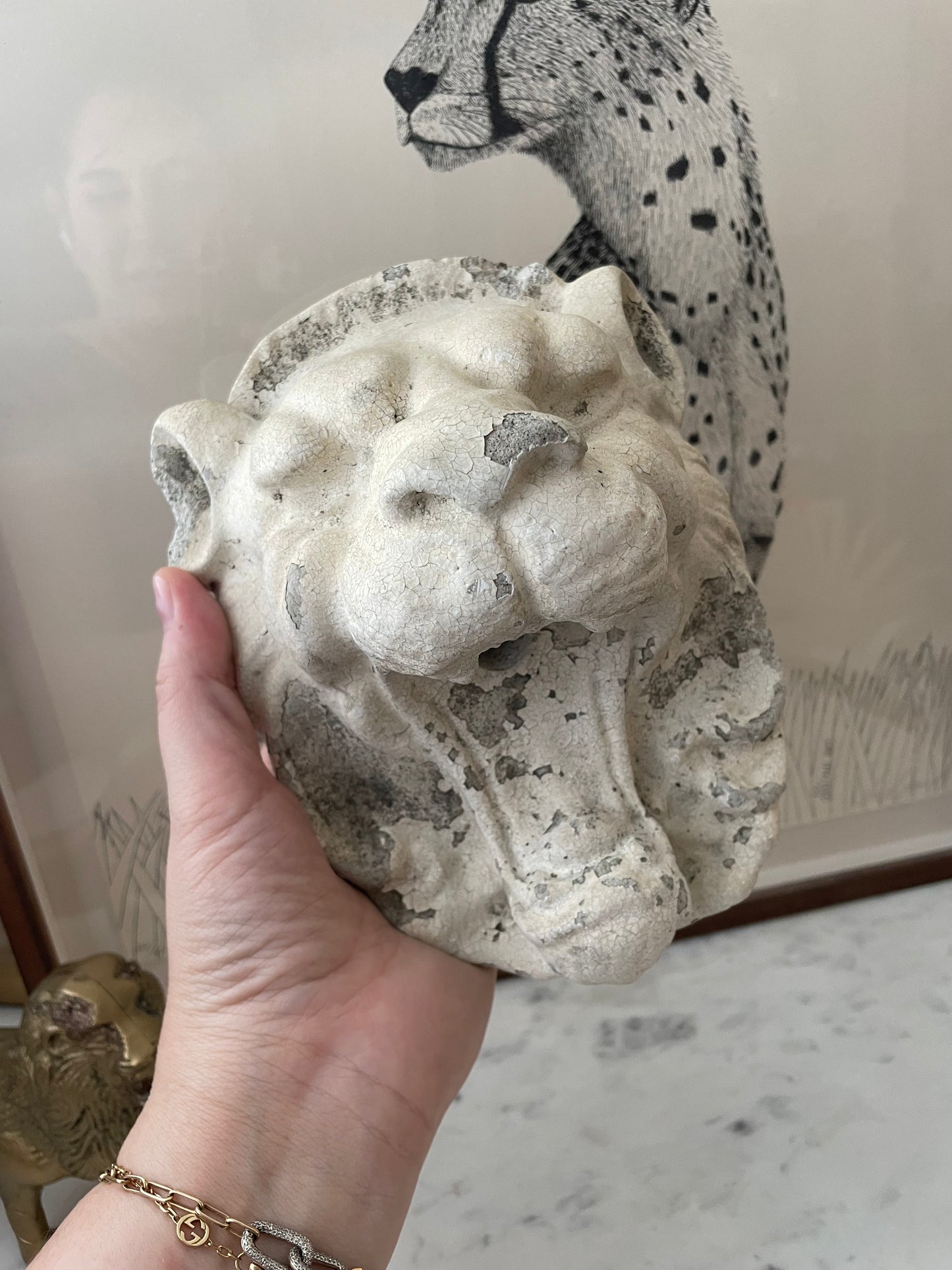 Salvage Lion Cement Bust Hanging Decor