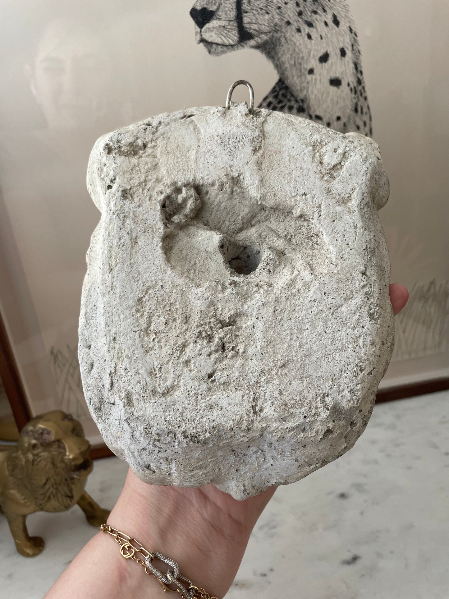 Salvage Lion Cement Bust Hanging Decor